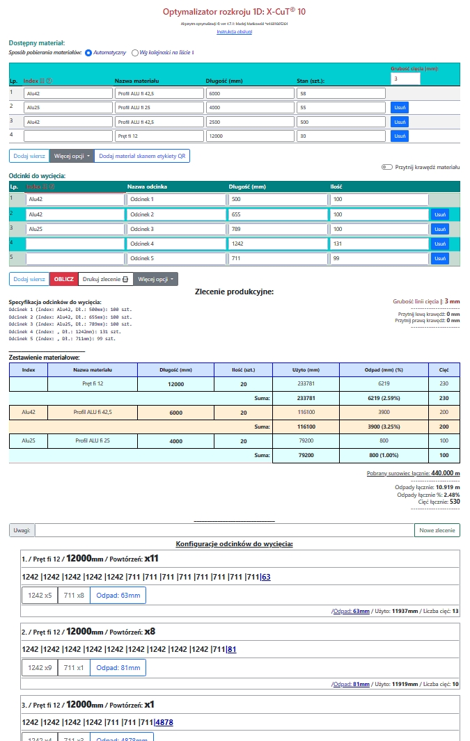 Panel programu X-CuT online